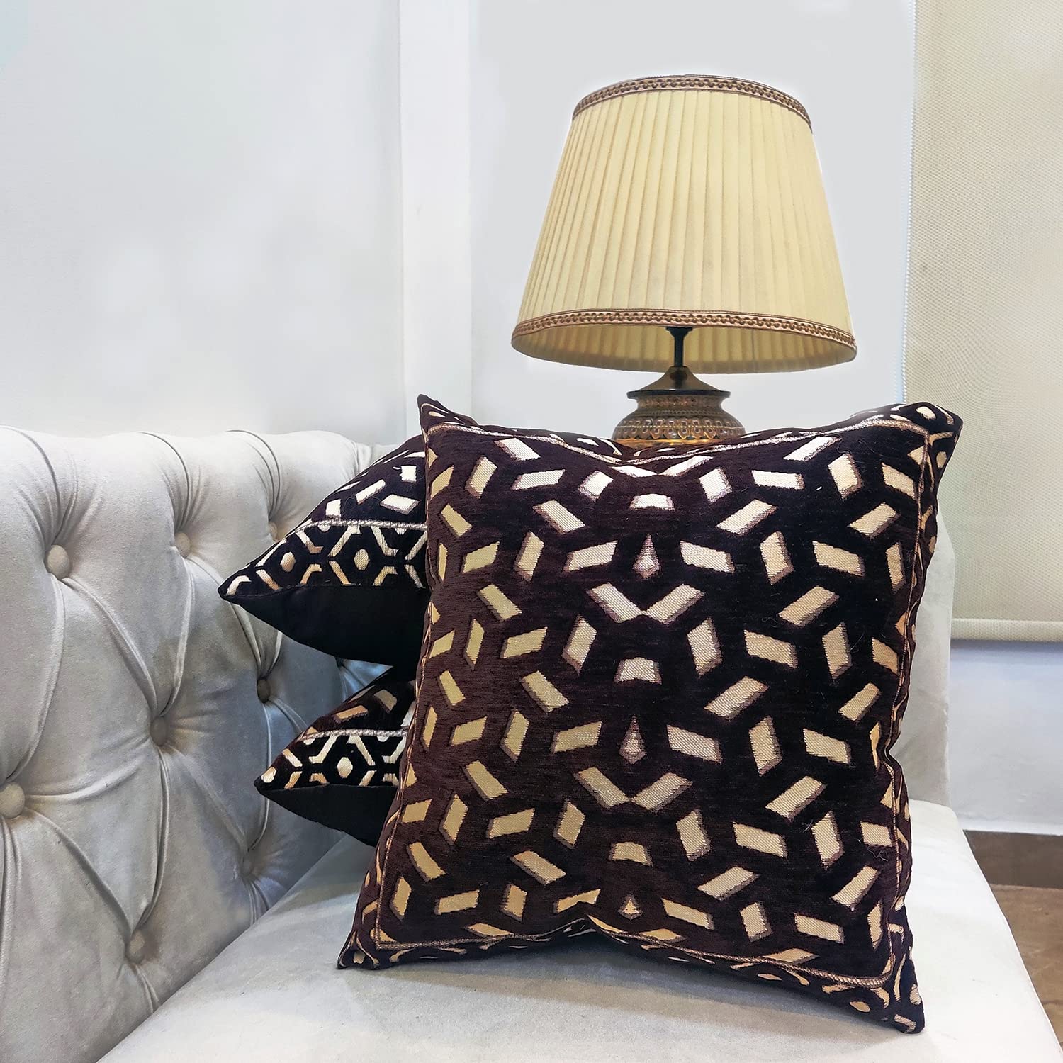 Black Damask Geometric Woven Zipper Square Cushion Covers (16x16 inch or 40 x 40 cm) Set of 3