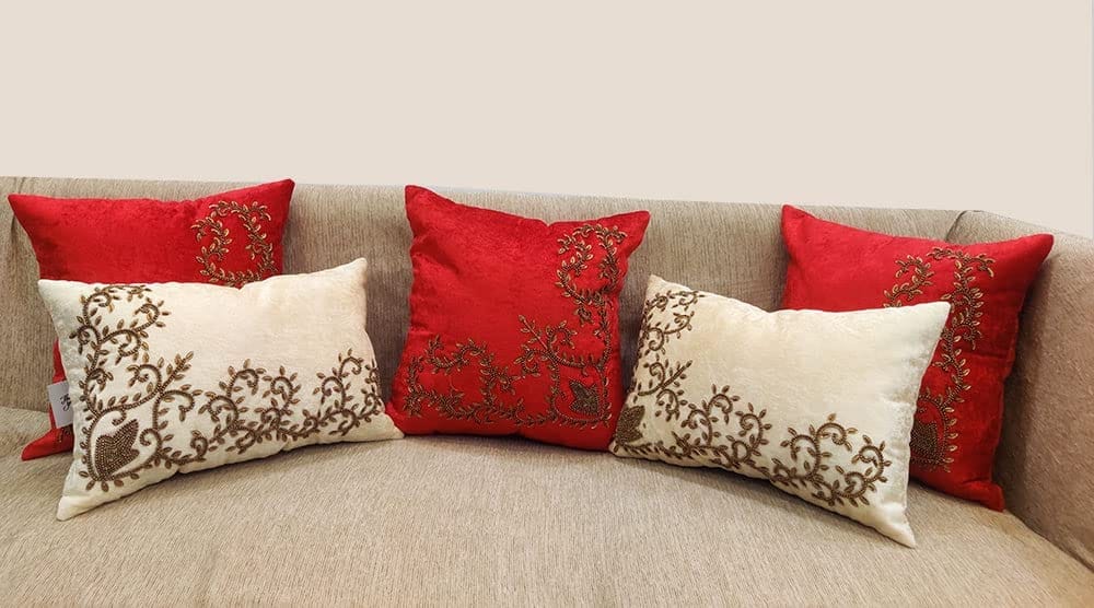 Red Cream Maroon Set of 5 Ethnic Beaded Embroidered Square Cushion Covers Combo for Sofa Home Bedroom