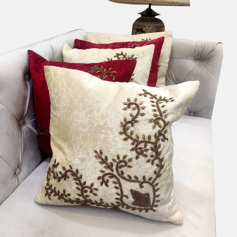 Cream Red Set of 5 Ethnic Beaded Embroidered Square Cushion Covers for Sofa Home Bedroom (16x16 inch or 40 x 40 cm)