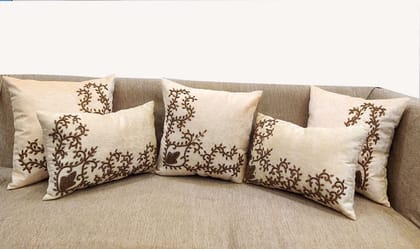 Cream Set of 5 Ethnic Beaded Embroidered Square Cushion Covers Combo for Sofa Home Bedroom