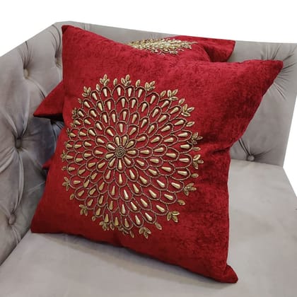 Suede Red Maroon Set of 3 Ethnic Beaded Embroidered Square Combo Cushion Covers for Sofa Home Bedroom (16x16 inch or 40 x 40 cm)