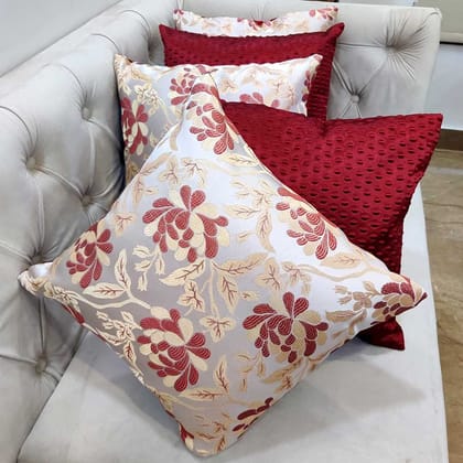 Red Maroon White Damask / Self Design / Woven Floral Motifs Zipper Square Combo Cushion Covers (12x12 inch or 30 x 30 cm) Set of 5