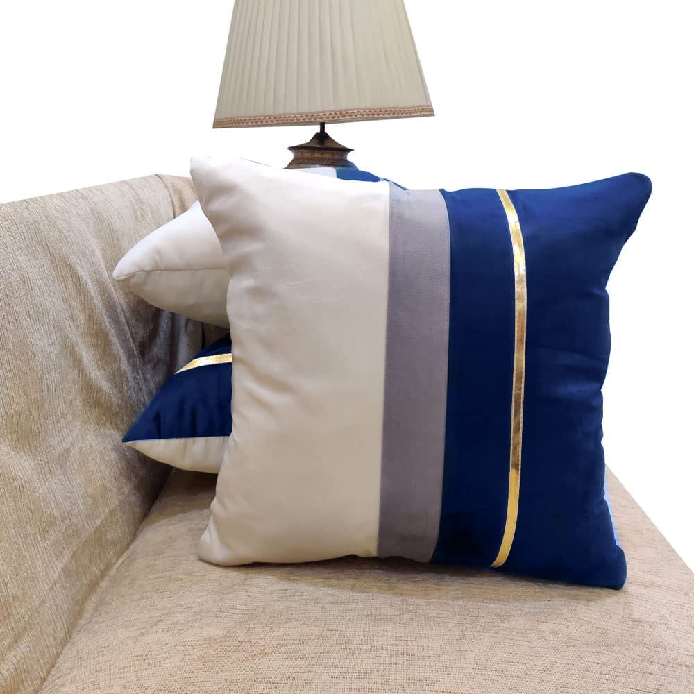 GOODVIBES Blue Beige Gold Leather Striped Patchwork Velvet Cushion Case Luxury Modern Throw Pillow Cover Decorative Pillow for Couch Living Room Bedroom Car| 16X16 Inches | 40cm * 40 cm I Set of 3|