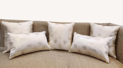 Cream Silver Foil Set of 5 Cushion Covers Combo for Sofa Home Bedroom