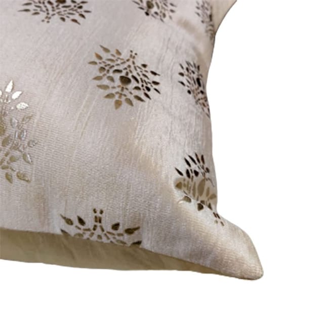 GOODVIBES Brown Ivory Cushion Cover with Leaf Zari Embroidered