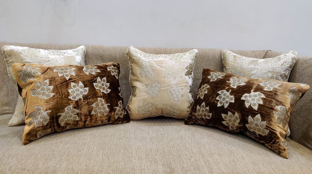 Ivory Brown Golden Cushion Cover with Leaf Embroidered Stitched Zippered Velvet Combo Cushion Cover (16x16 inch and 30 x 45 cm) Set of 5