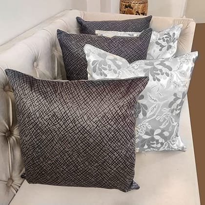 GOODVIBES Grey Damask/Self Design/Woven Floral Motifs Zipper Square Combo Cushion Covers (24x24 inch or 60 x 60 cm) Set of 5