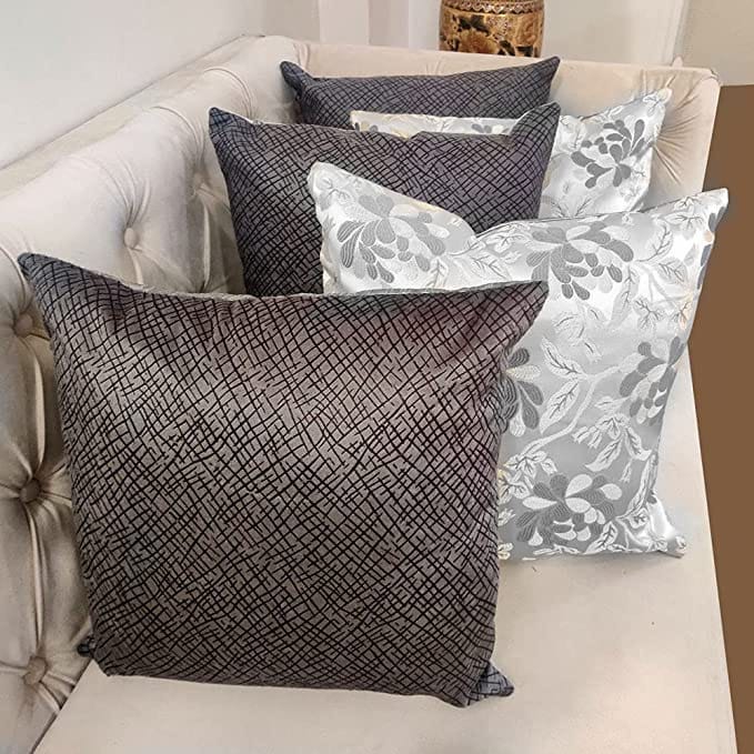 GOODVIBES Grey Damask/Self Design/Woven Floral Motifs Zipper Square Combo Cushion Covers (24x24 inch or 60 x 60 cm) Set of 5