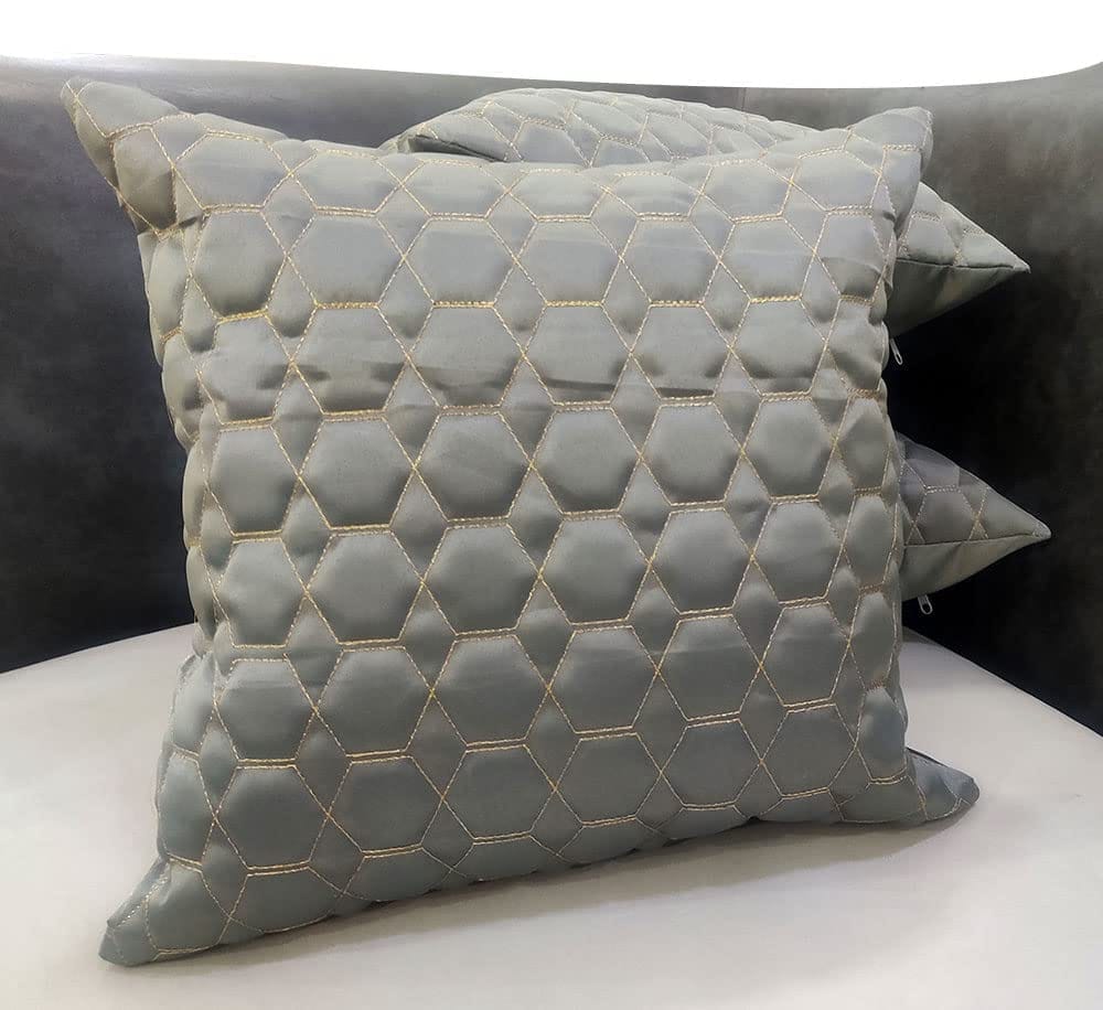 Grey Silver Set of 3 Quilted Zari Square Cushion Covers for Sofa Home Bedroom (16x16 inch or 40 x 40 cm)