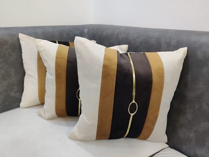 GOODVIBES Tan Beige Gold Leather Striped Patchwork Velvet Cushion Case Luxury Modern Throw Pillow Cover Decorative Pillow for Couch Living Room Bedroom Car| 16X16 Inches | 40cm * 40 cm I Set of 3|