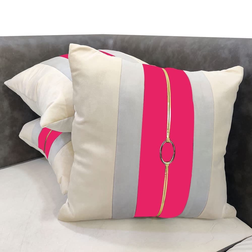 Pink Beige Gold Leather Striped Patchwork Buckle Velvet Cushion Case Luxury Modern Throw Pillow Cover Decorative Pillow for Couch Living Room Bedroom Car| 16X16 Inches | 40cm * 40 cm I Set of 3|
