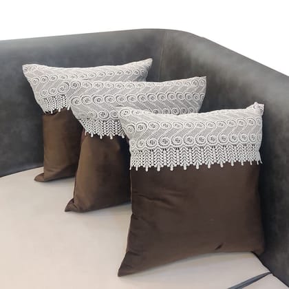 GOODVIBES 16X16 Inches Velvet Suede Cutwork Boho Square Cushion Cover with Lace for Décor Sofa Couch Living Room Bedroom Farm House Indoor Outdoor | 40cm * 40 cm I Set of 3|