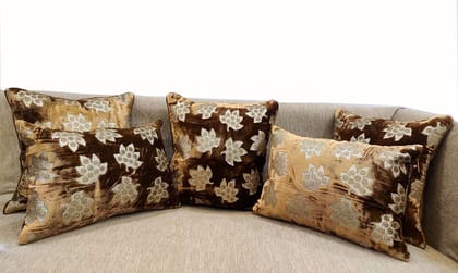 Brown Golden Cushion Cover with Leaf Embroidered Stitched Zippered Velvet Combo Cushion Cover (16x16 inch and 30 x 45 cm) Set of 5