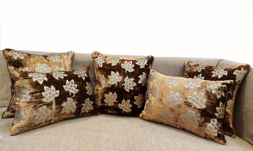 Brown Golden Cushion Cover with Leaf Embroidered Stitched Zippered Velvet Combo Cushion Cover (16x16 inch and 30 x 45 cm) Set of 5