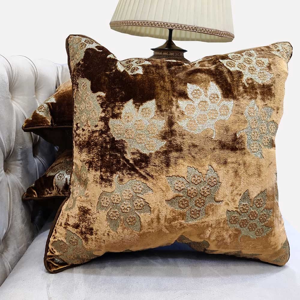 GOODVIBES Brown Cushion Cover with Leaf Embroidered Stitched Zippered Velvet Cushion Cover | 12X12 Inches | 30cm * 30 cm I Set of 3|