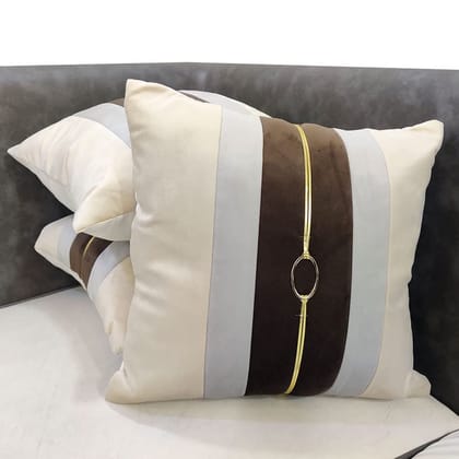 GOODVIBES Brown Beige Gold Leather Striped Buckle Velvet Cushion Case Luxury Modern Throw Pillow Cover Decorative Pillow for Couch Living Room Bedroom Car| 16X16 Inches | 40cm * 40 cm I Set of 3|