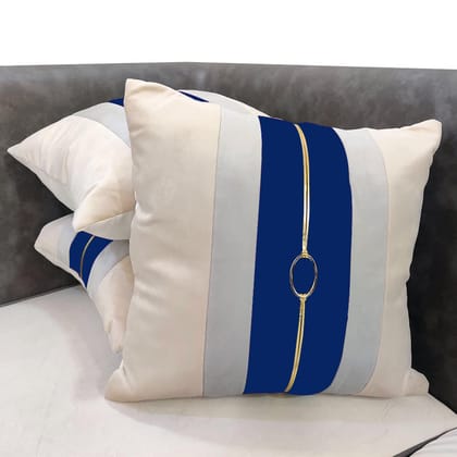 Blue Beige Gold Leather Round Striped Patchwork Velvet Cushion Case Luxury Modern Throw Pillow Cover Decorative Pillow for Couch Living Room Bedroom Car| 16X16 Inches | 40cm * 40 cm I Set of 3|