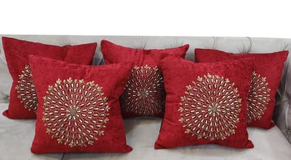 Suede Red Maroon Set of 5 Ethnic Beaded Embroidered Square Combo Cushion Covers for Sofa Home Bedroom (16x16 inch or 40 x 40 cm)