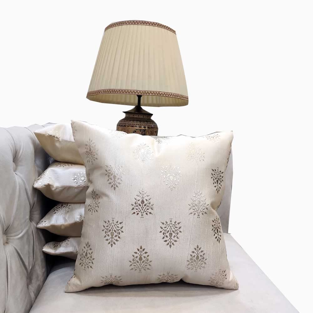 GOODVIBES Polyester Silver Floral Foil Printed Cream Square Cushion Covers (30 cm*30cm, 12 x 12 inch) Pack of 5