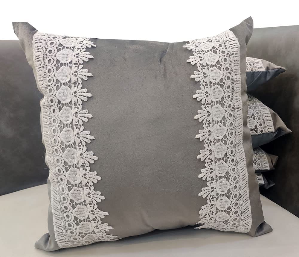 GOODVIBES 16X16 Inches Grey Velvet Cutwork Square Cushion Cover with Lace for Décor Sofa Couch Living Room Bedroom Farm House Indoor Outdoor | 40cm * 40 cm I Set of 5|