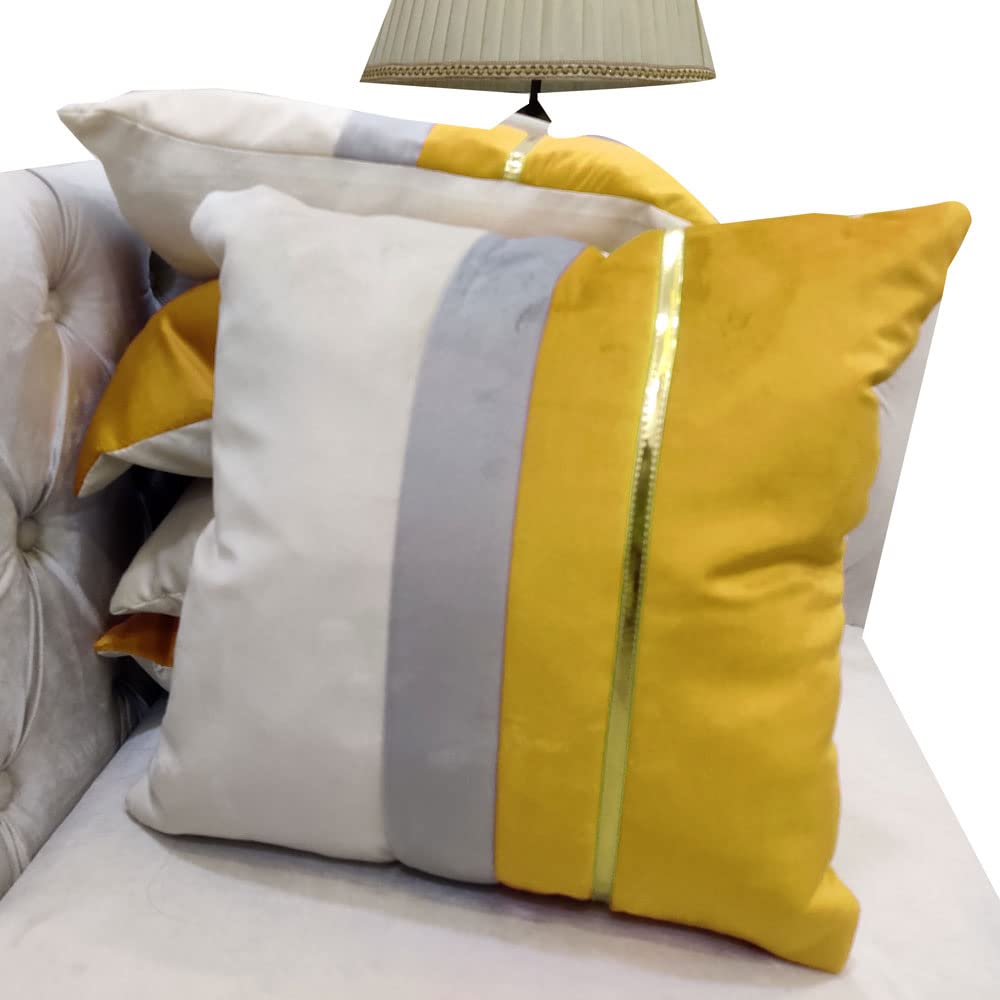GOODVIBES Yellow Beige Gold Leather Striped Patchwork Velvet Cushion Case Luxury Modern Throw Pillow Cover Decorative Pillow for Couch Living Room Bedroom Car| 16X16 Inches | 40cm * 40 cm I Set of 5|