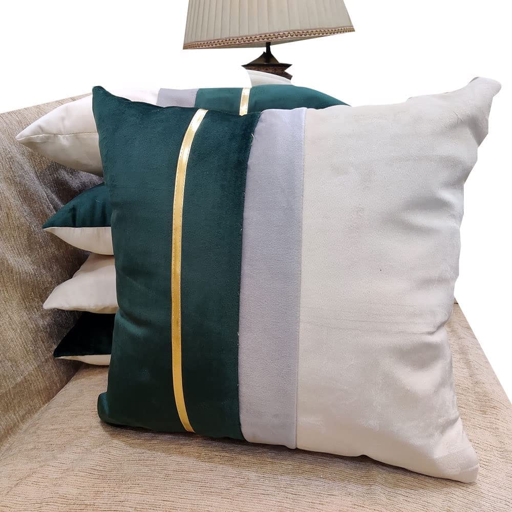 GOODVIBES Green Beige Gold Leather Striped Patchwork Velvet Cushion Case Luxury Modern Throw Pillow Cover Decorative Pillow for Couch Living Room Bedroom Car| 16X16 Inches | 40cm * 40 cm I Set of 5|