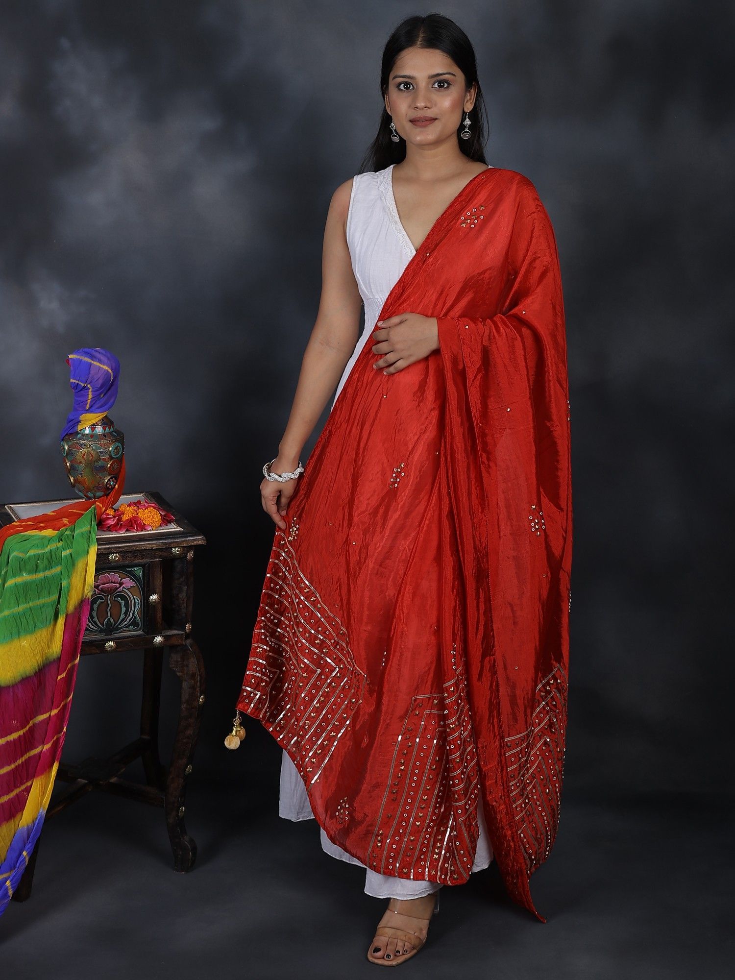 Ribbon-Red Silk Dupatta From Amritsar with Gota Patti, Floral Beads and Velvet Tassels on Edges