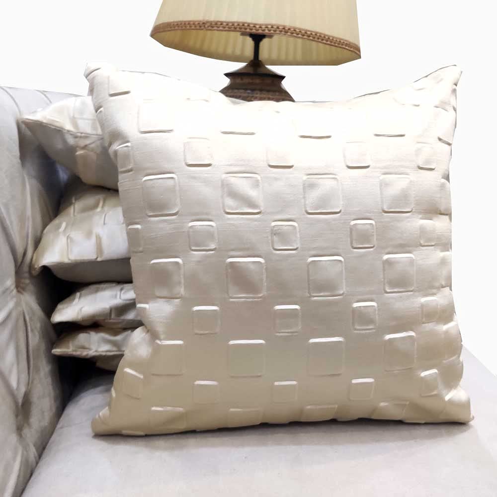 Off White Cream Geometric Set of 5 Self Design Woven Solid Zipper Square Cushion Covers (16x16 inch or 40 x 40 cm