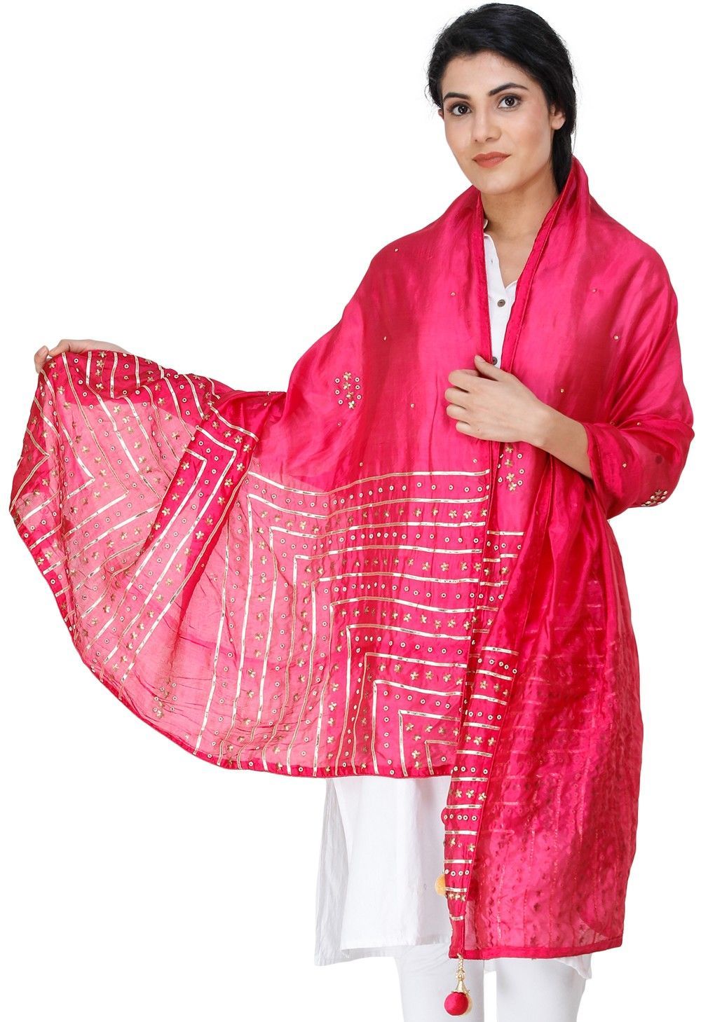 Love-Potion Silk Dupatta From Amritsar with Gota Patti, Floral Beads and Velvet Tassels on Edges