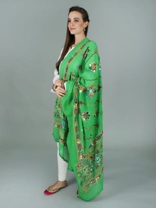 Poison-Green Printed Dupatta from Kutch with Hand-Embroidered Florals and Mirrors