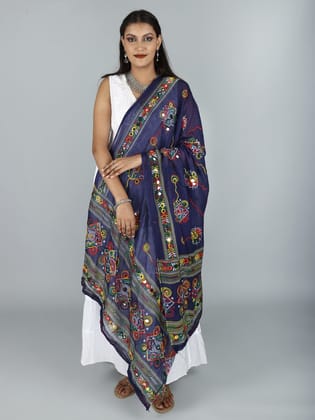 Navy Printed Dupatta from Kutch with Hand-Embroidered Florals and Mirrors