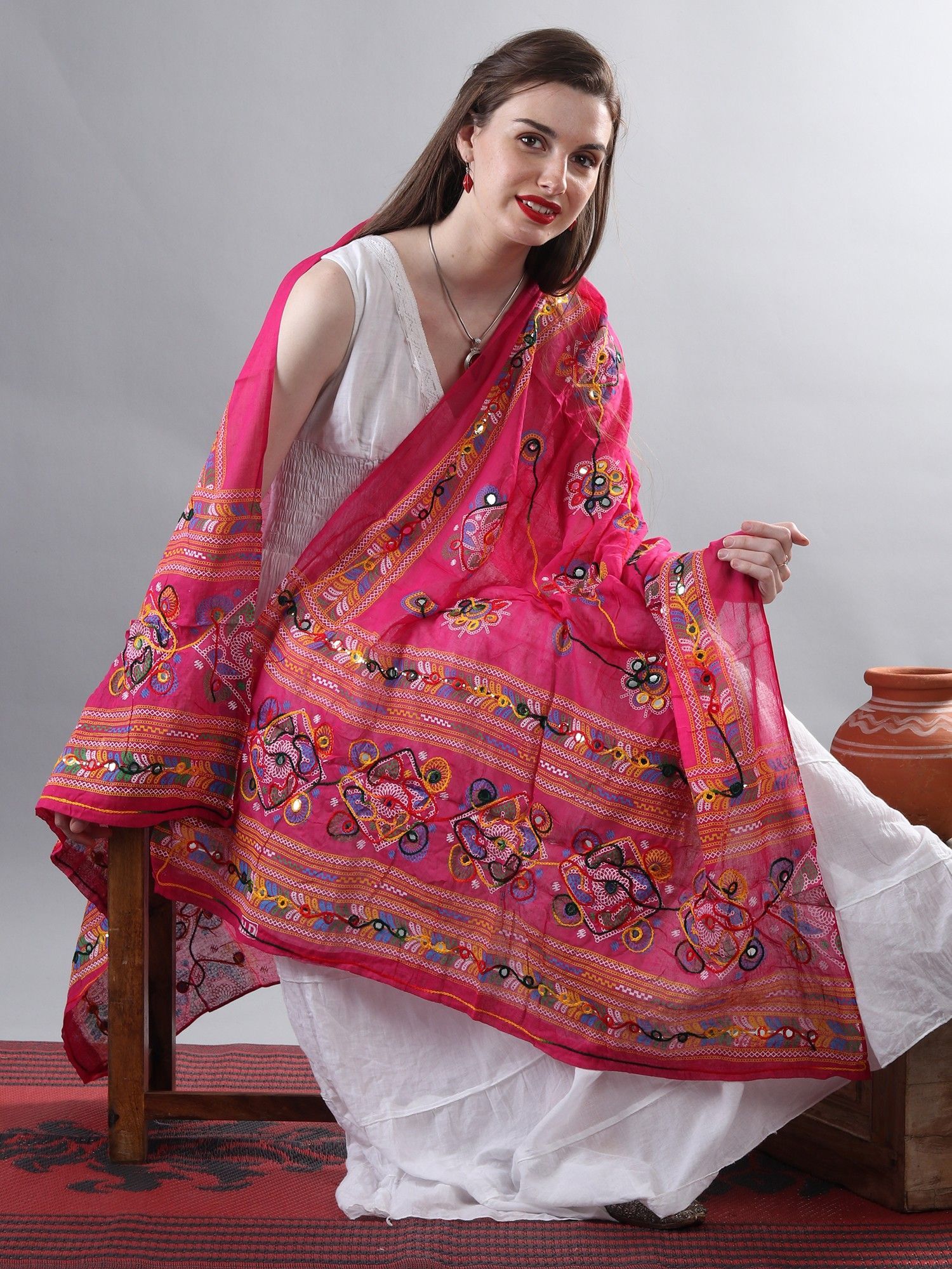 Fuchsia Printed Dupatta from Kutch with Hand-Embroidered Florals and Mirrors