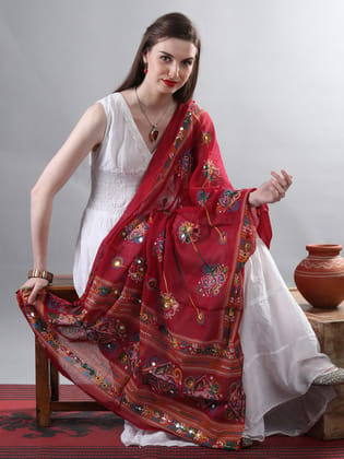 Garnet Printed Dupatta from Kutch with Hand-Embroidered Florals and Mirrors