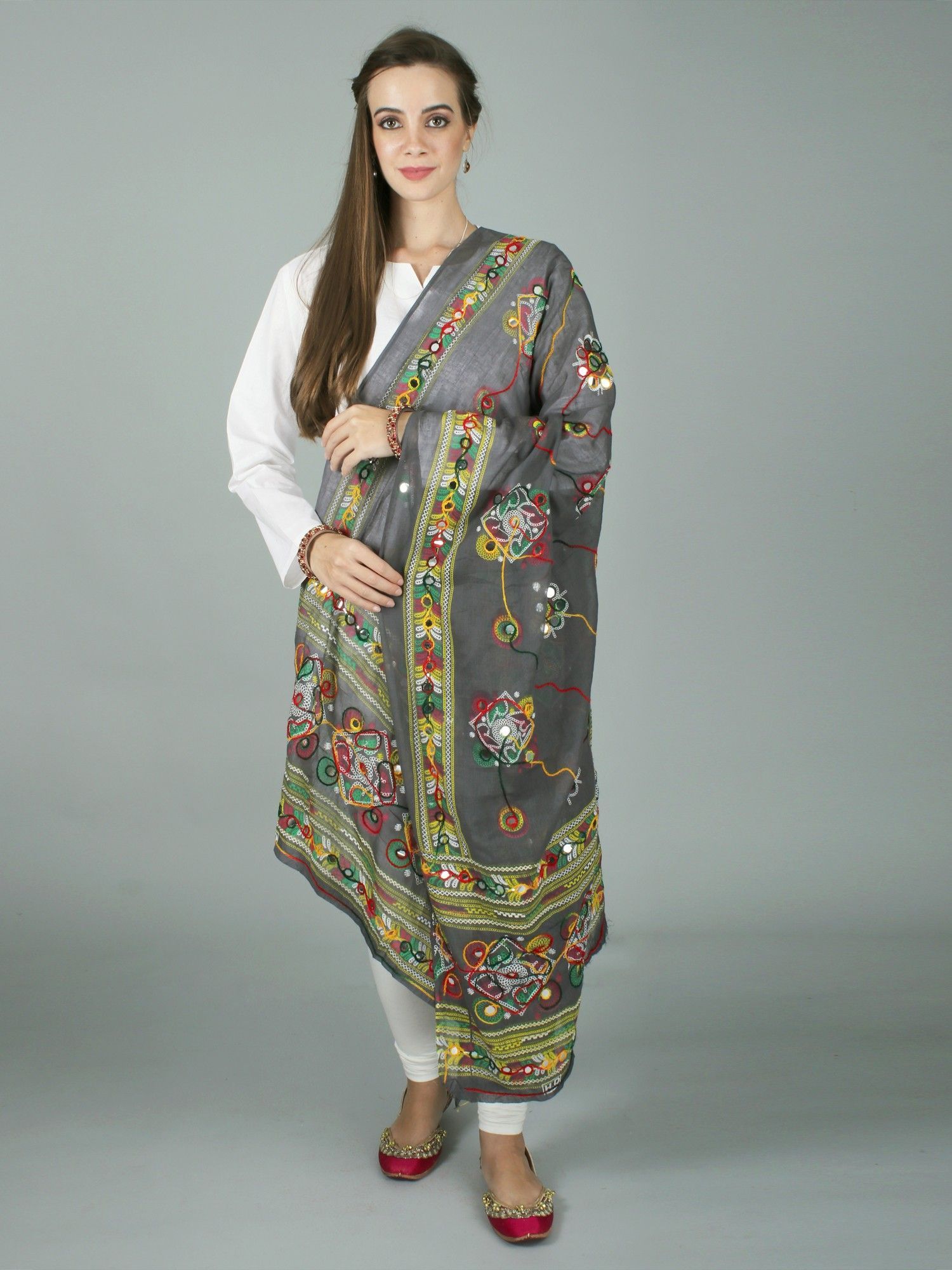 Charcoal-Gray Printed Dupatta from Kutch with Hand-Embroidered Florals and Mirrors