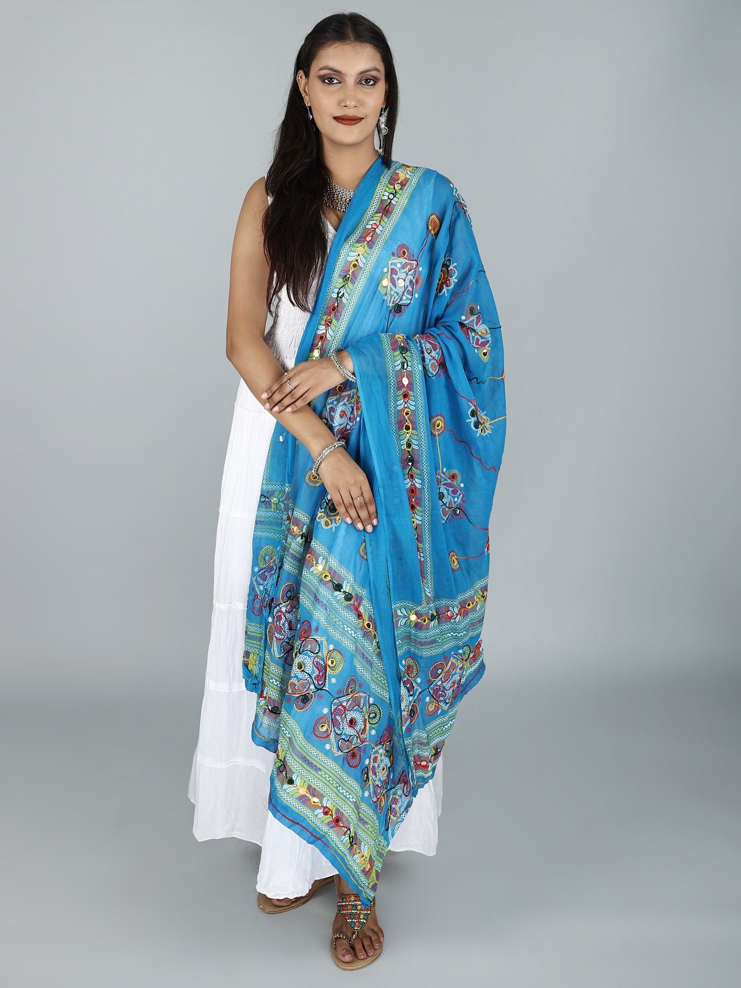 Diva-Blue Printed Dupatta from Kutch with Hand-Embroidered Florals and Mirrors