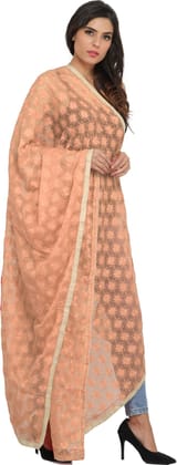 Peach-Nectar Phulkari Extra-Wide Dupatta from Punjab with Embroidered Bootis in Self-color Thread