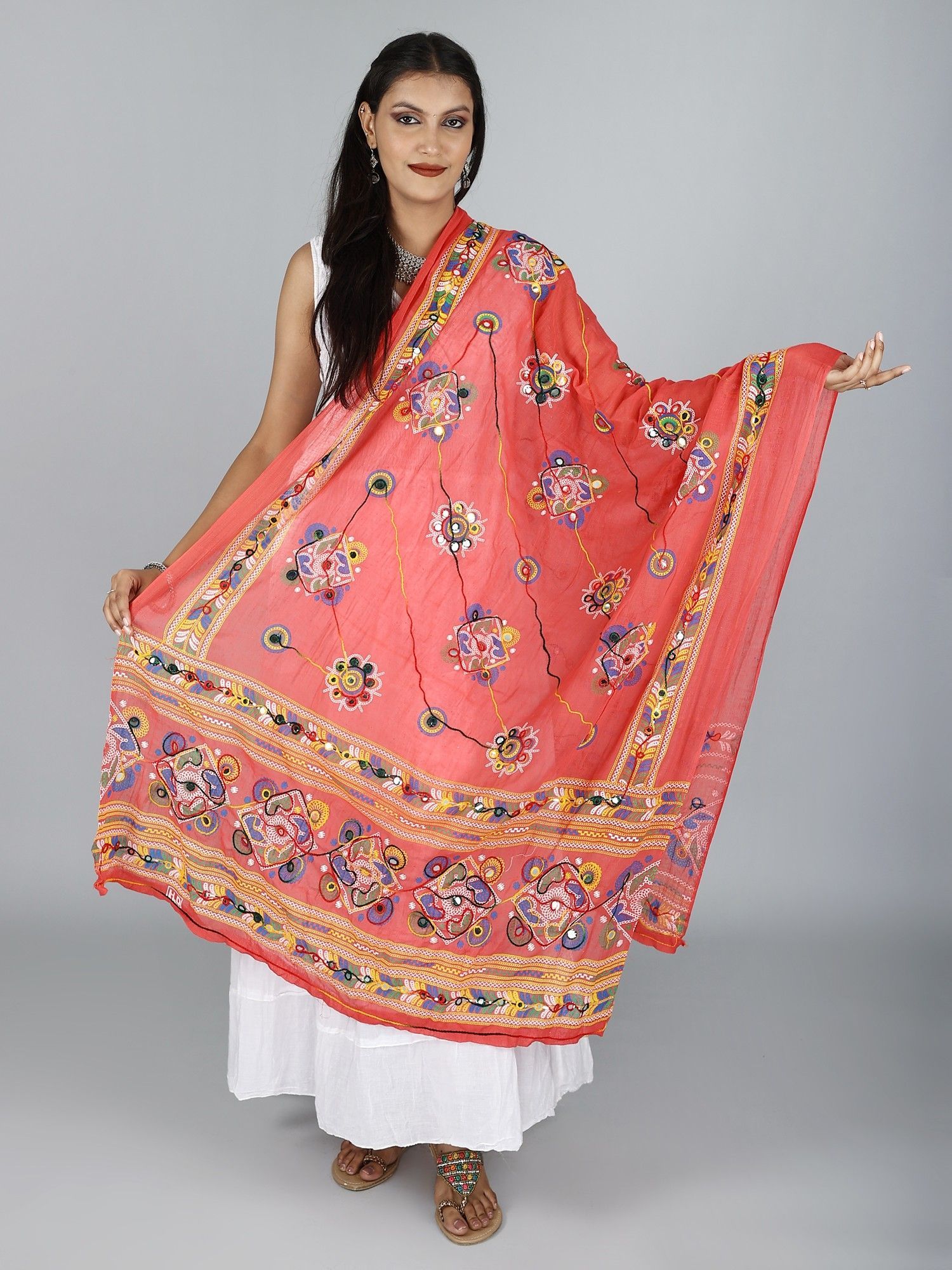 Bittersweet Printed Dupatta from Kutch with Hand-Embroidered Florals and Mirrors