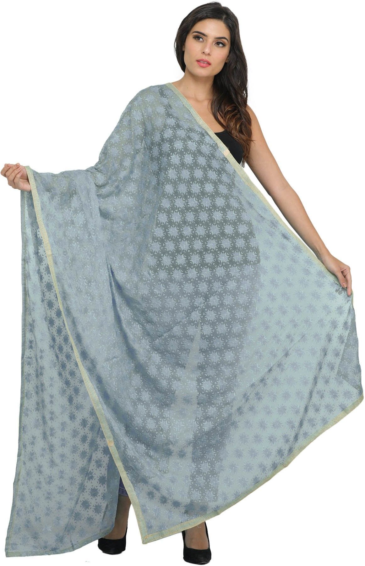 Neutral-Gray Phulkari Extra-Wide Dupatta from Punjab with Embroidered Bootis in Self-color Thread