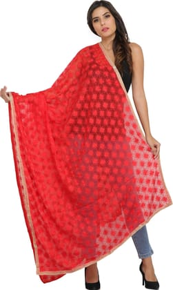 Cayenne-Red Phulkari Extra-Wide Dupatta from Punjab with Embroidered Bootis in Self-color Thread