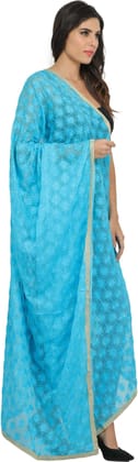 Blue-Atoll Phulkari Extra-Wide Dupatta from Punjab with Embroidered Bootis in Self-color Thread