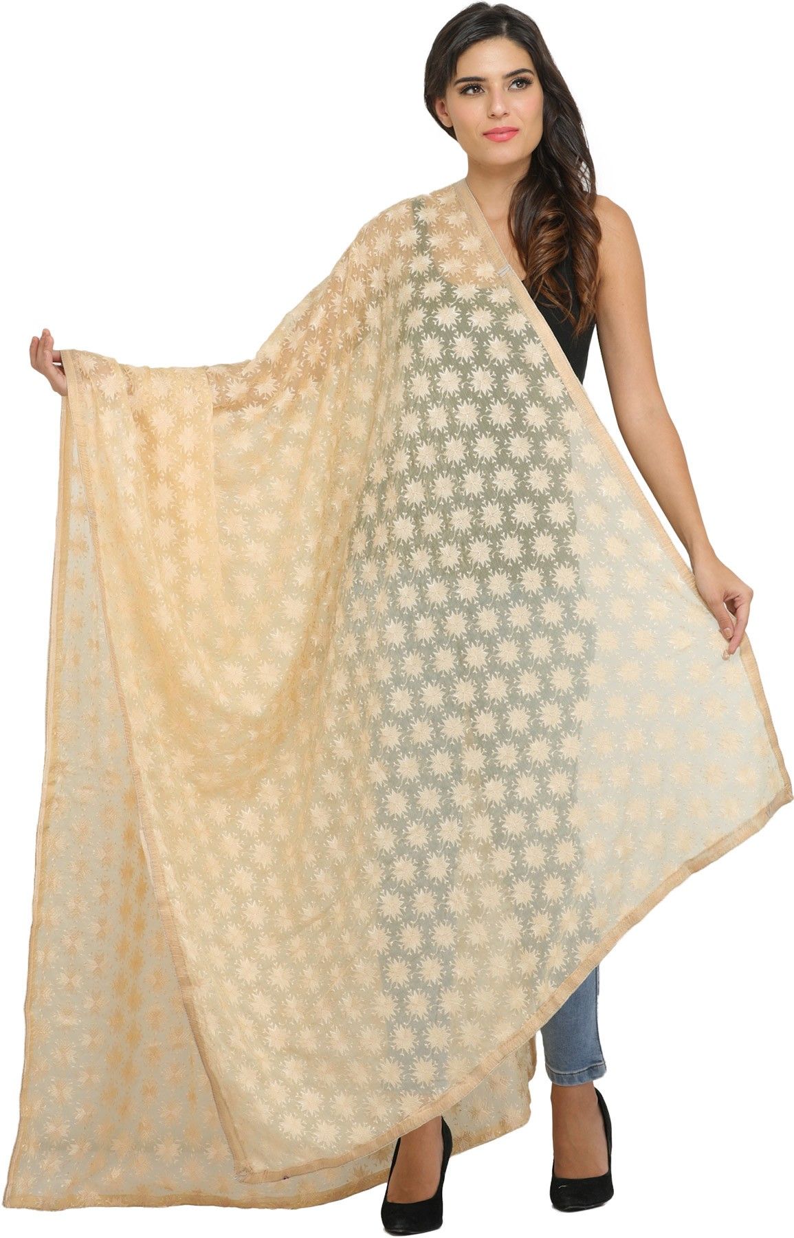 Italian-Straw Phulkari Extra-Wide Dupatta from Punjab with Embroidered Bootis in Self-color Thread