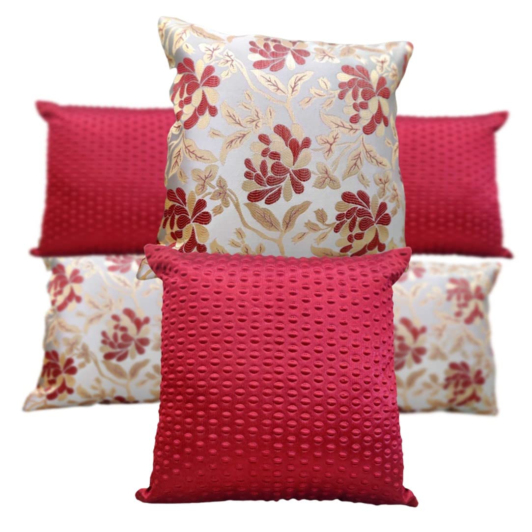 GOODVIBES Maroon White Damask / Self Design / Woven Floral Motifs Zipper Square Combo Cushion Covers (24x24 inch or 60 x 60 cm) Set of 6