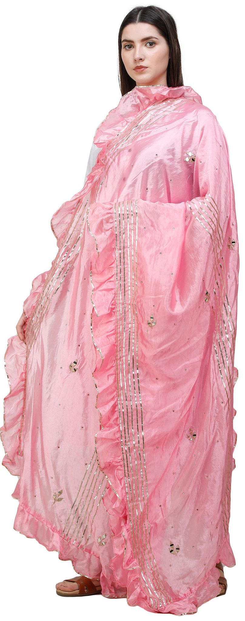 Candy-Pink Dupatta from Amritsar with Gota Patches and Frill Border