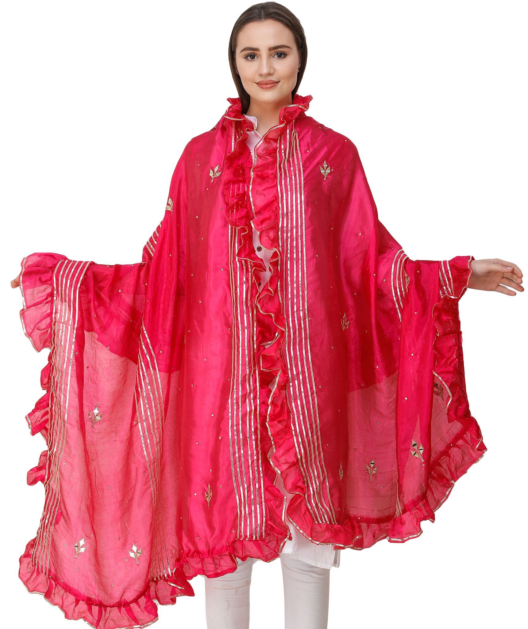 Bright-Rose Dupatta from Amritsar with Gota Patches and Frill Border