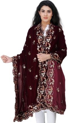 Tibetan-Red Velvet Dupatta from Amritsar with Embroidered Flowers and Sequins