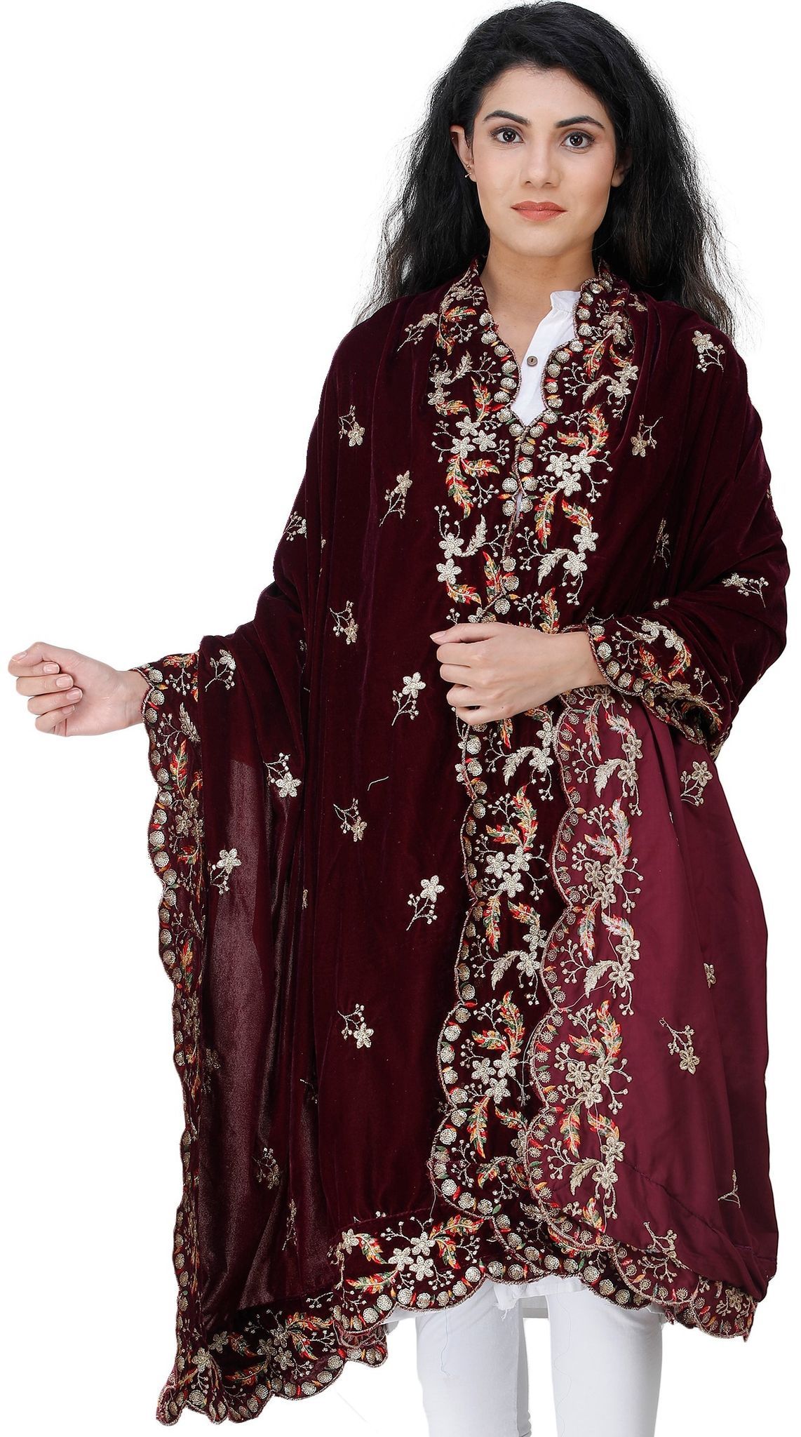 Tibetan-Red Velvet Dupatta from Amritsar with Embroidered Flowers and Sequins