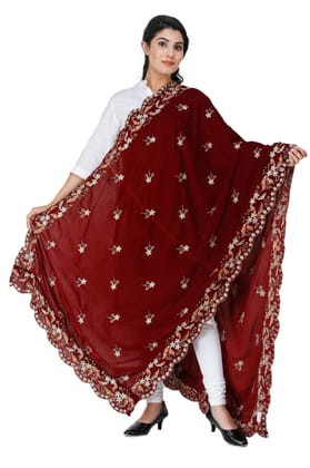 Oxblood-Red Velvet Dupatta from Amritsar with Embroidered Flowers and Sequins