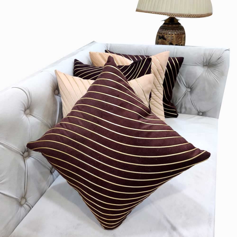 Beige & Brown Striped Set of 5 Ethnic Motifs Embroidered Zipper Square Combo Cushion Covers (16x16 inch or 40 x 40 cm)