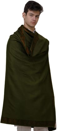 Military Olive Men's Shawl with Brown Woven Border