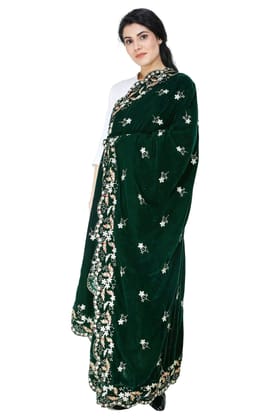 Deep-Forest Velvet Dupatta from Amritsar with Embroidered Flowers and Sequins